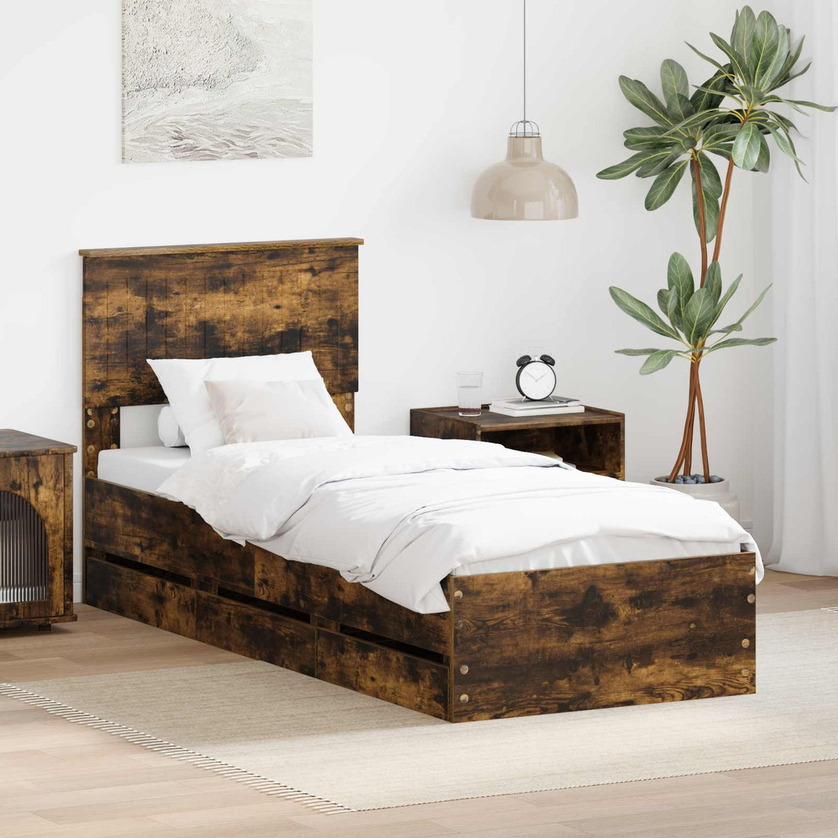 Bed Frame with Drawer 75 x 190 cm Engineer Wood Smoked oak