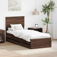 Bed Frame with Drawer 75 x 190 cm Engineer Wood Brown oak