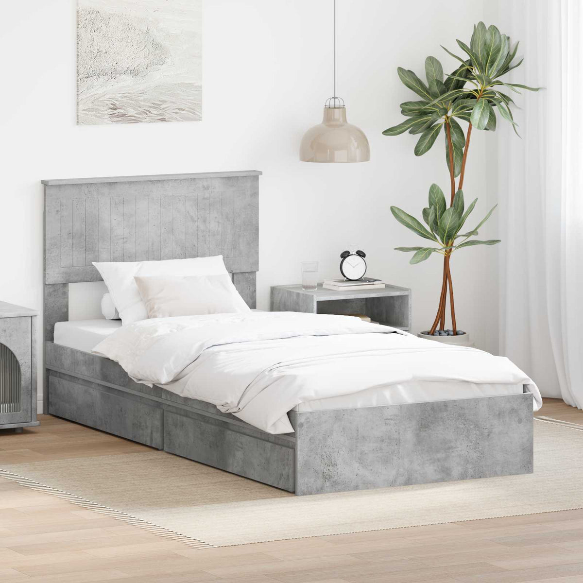 Storage Bed with Drawer Engineered Wood Length 190 cm Concrete grey 90 cm