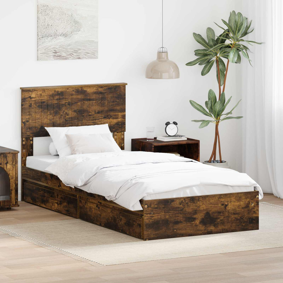 Storage Bed with Drawer Engineered Wood Length 190 cm Smoked oak 90 cm