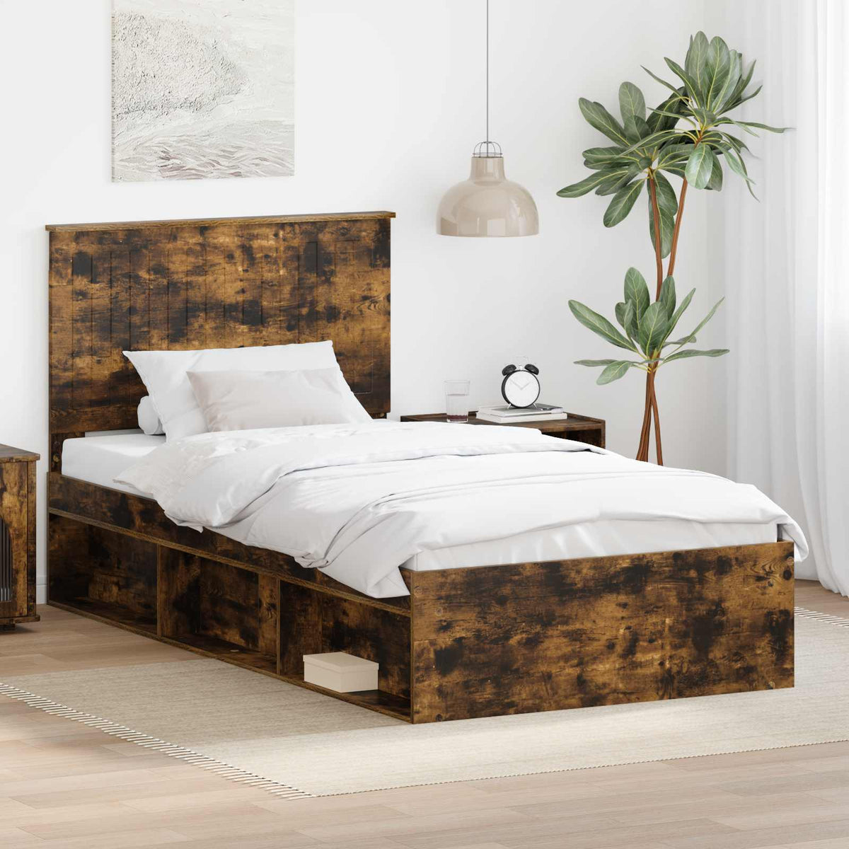 Bed Frame 100 x 200 cm Solid Pine Wood Smoked oak