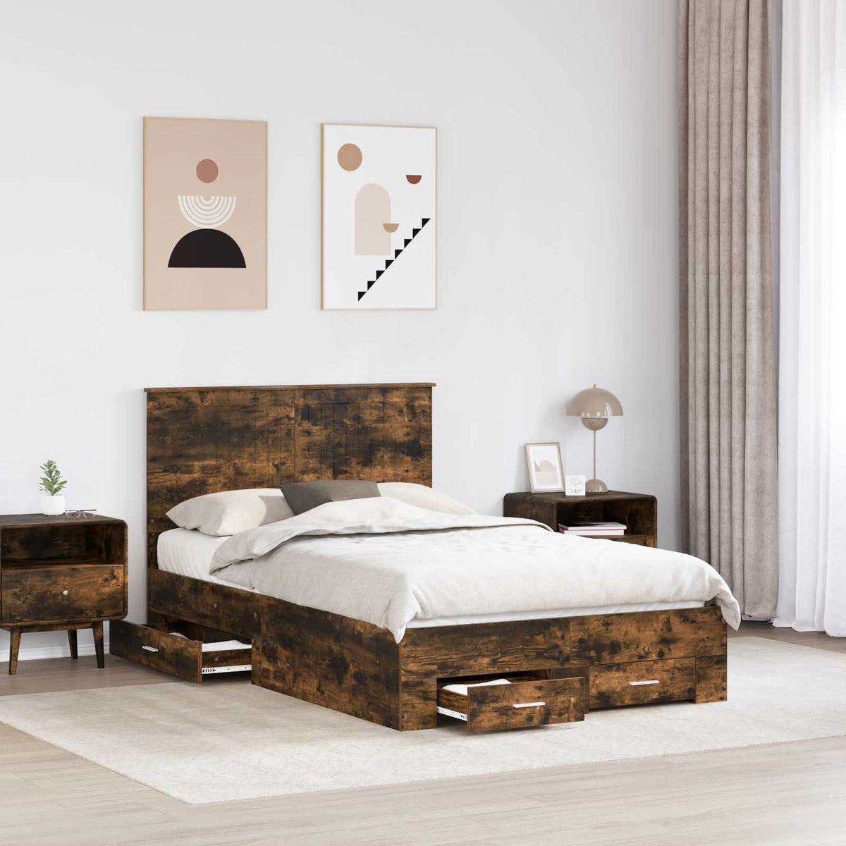 Bed Frame Drawer Engineered Wood Smoked Oak