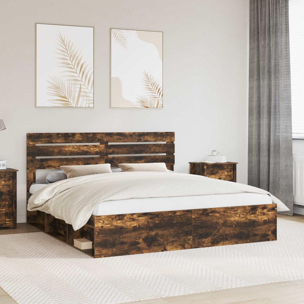 Bed Frame Solid Pine Wood Length Smoked Oak