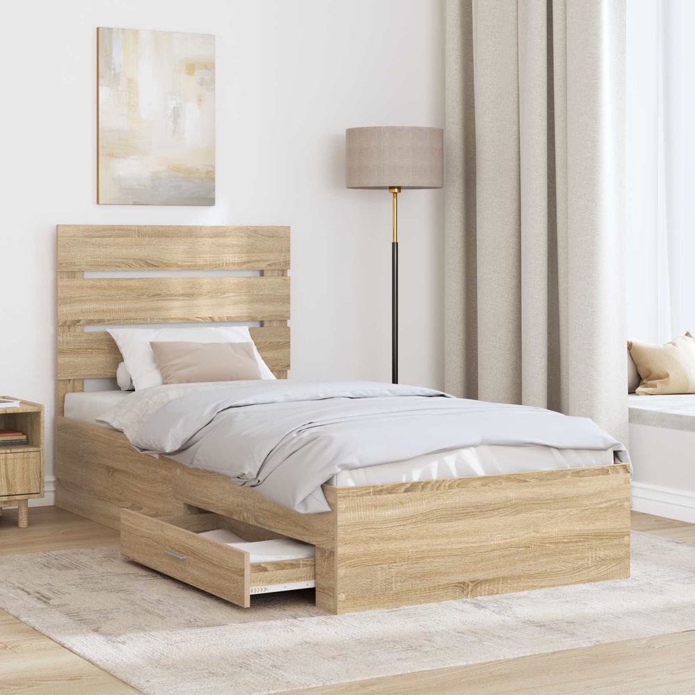 Bed Frame and Silver 75 x 190 cm Engineered Wood Sonoma oak