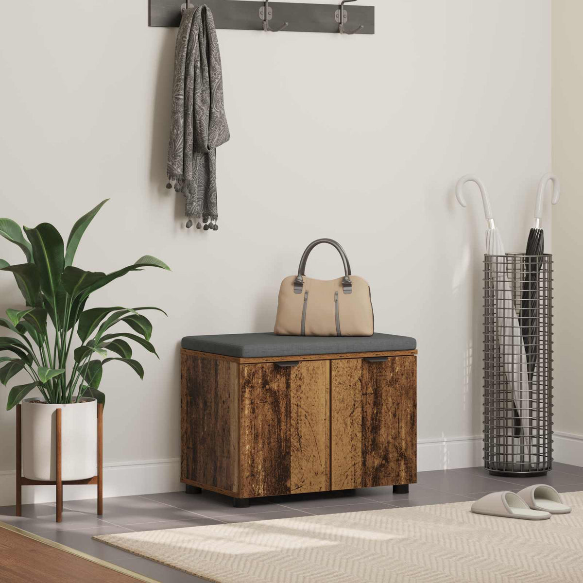 Hall Bench with Cushion with Shelf in Old Wood