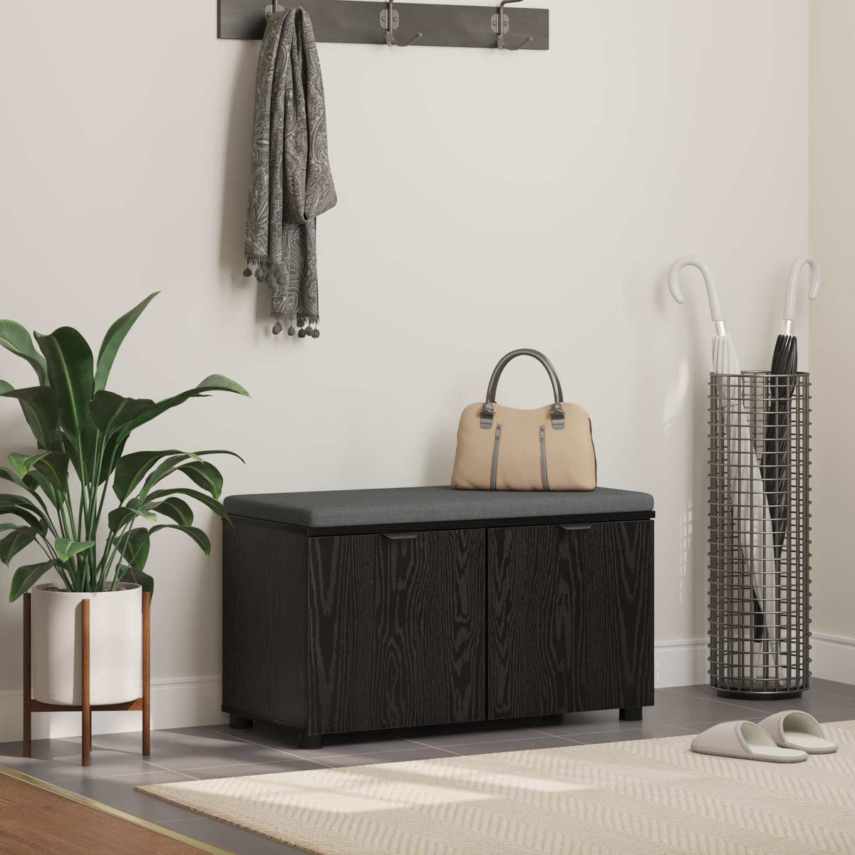 Hall Bench with Cushion with Shelf 80 x 38 x 46 cm Black oak