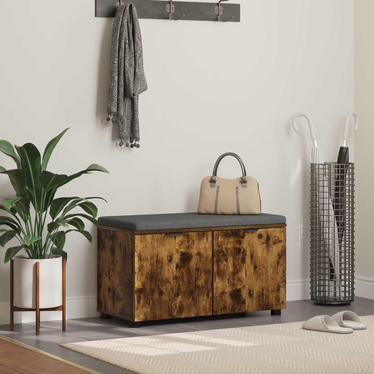 Hall Bench with Cushion with Shelf 80 x 38 x 46 cm Smoked oak