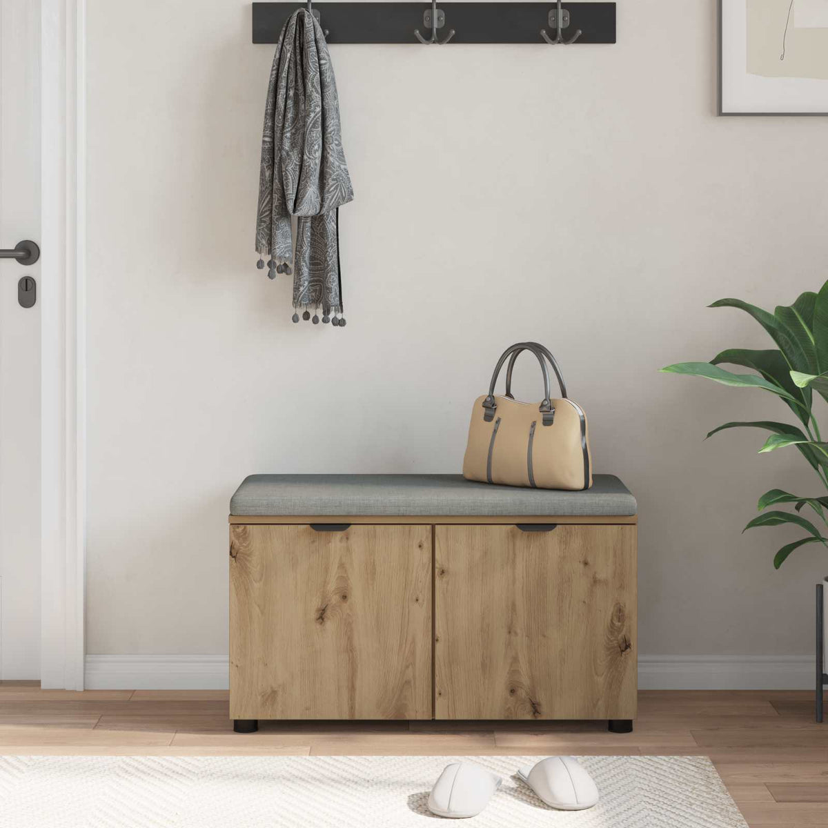 Hall Bench with Cushion with Shelf 80 x 38 x 46 cm Artisan oak