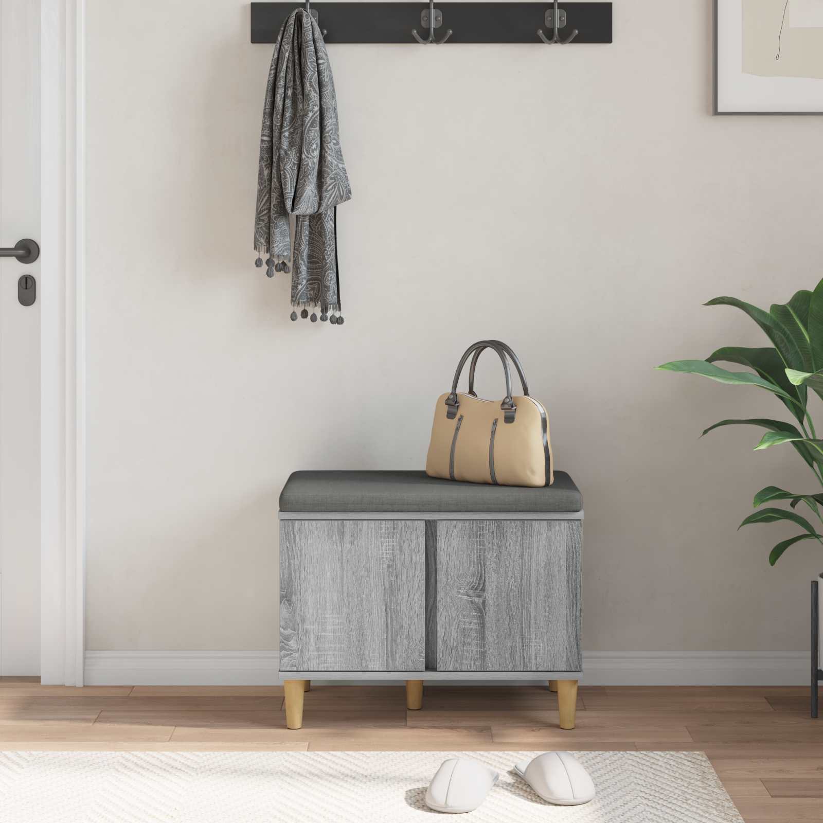 vidaXL Hall Bench with Cushion with Door Grey Sonoma 60 x 38 x 46 cm 4