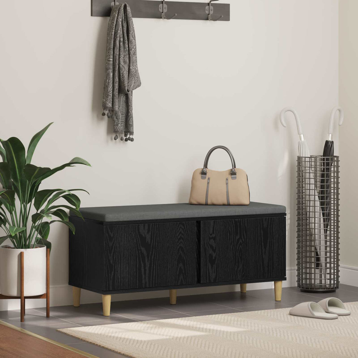 Hall Bench with Cushion with Door 100 x 38 x 46 cm Black oak