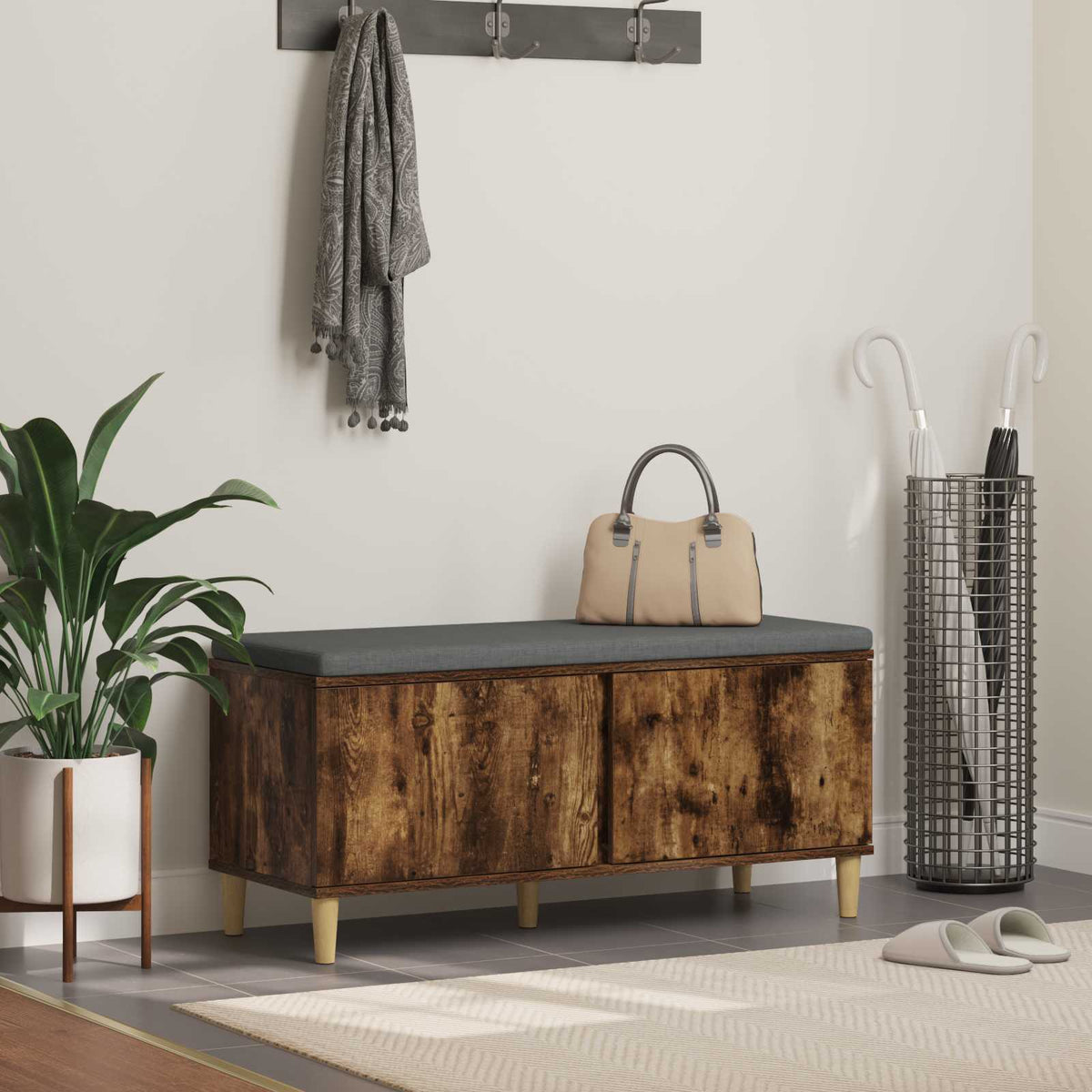 Hall Bench with Cushion with Door 100 x 38 x 46 cm Smoked oak