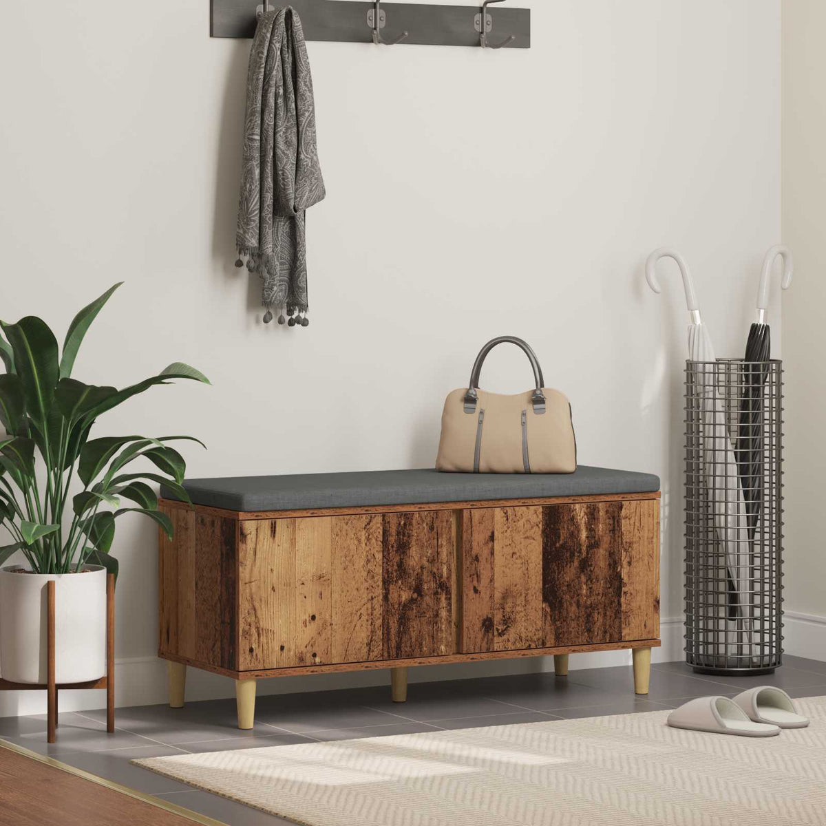 Hall Bench with Cushion with Door 100 x 38 x 46 cm Old wood