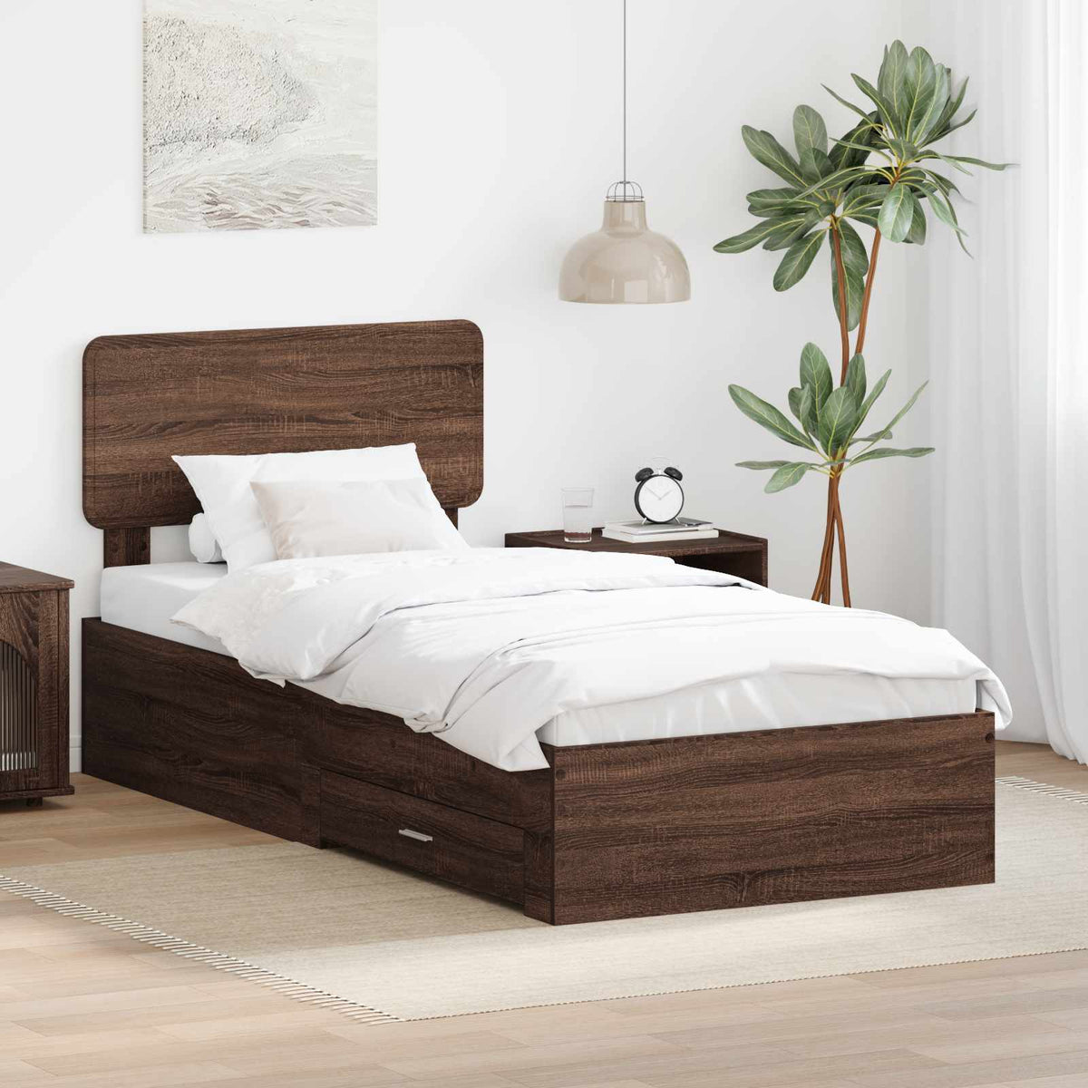 Bed Frame with Drawer 75 x 190 cm Engineered Wood Brown oak