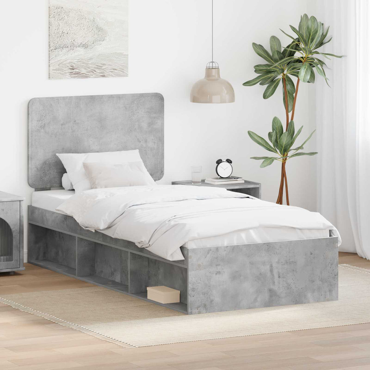 Bed Frame with Headboard 75 x 190 cm Solid Pine Wood Concrete grey