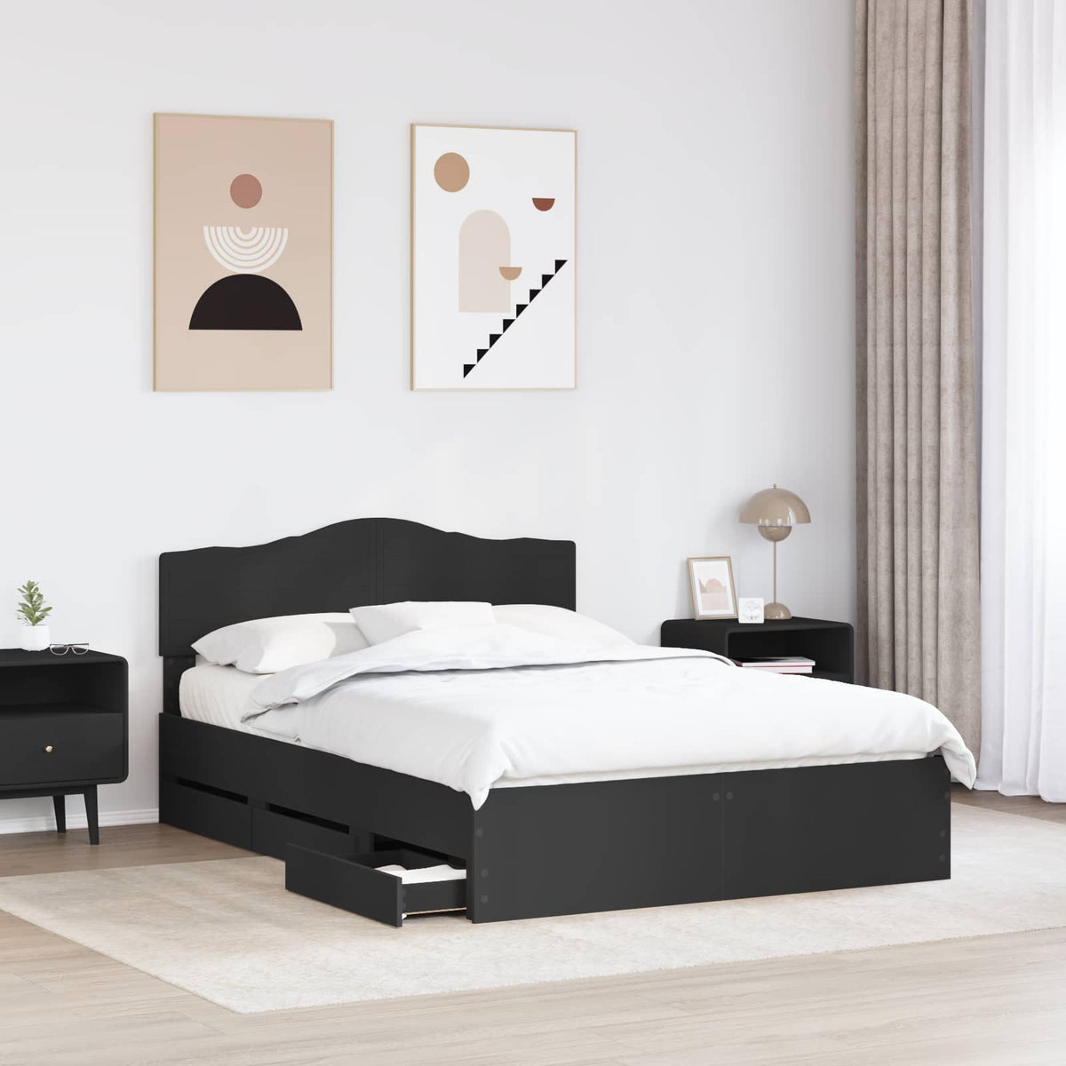 Bed Frame Drawer Engineer Wood Black