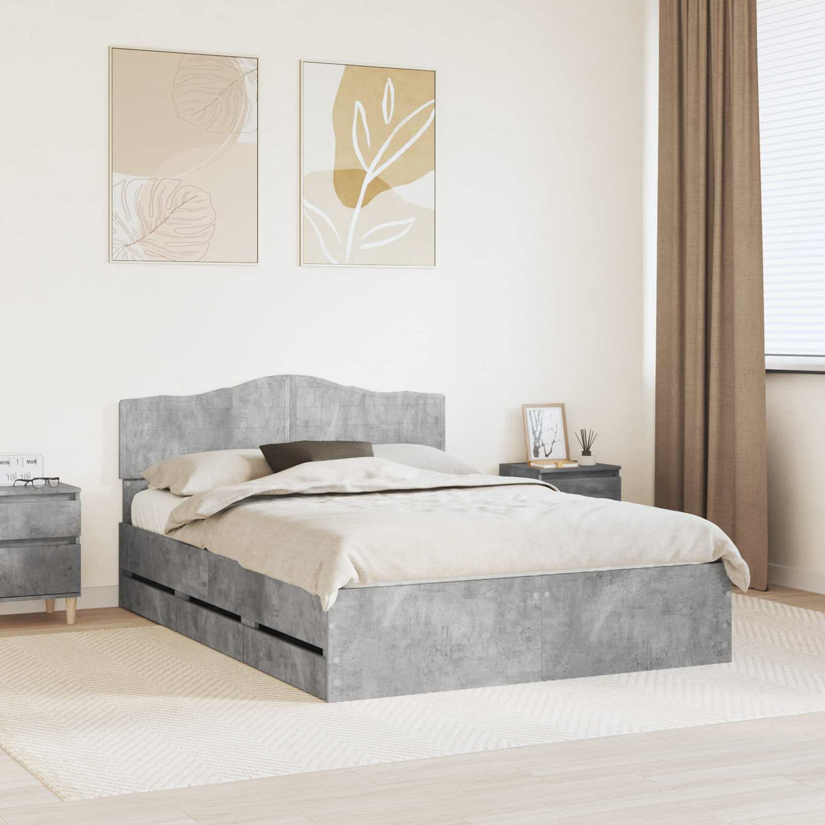 Bed Frame Drawer Engineer Wood Concrete Grey