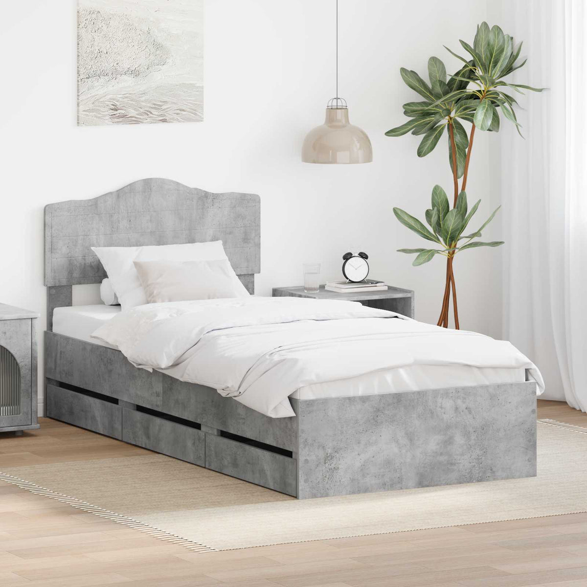 Bed Frame Drawer Engineer Wood Concrete grey
