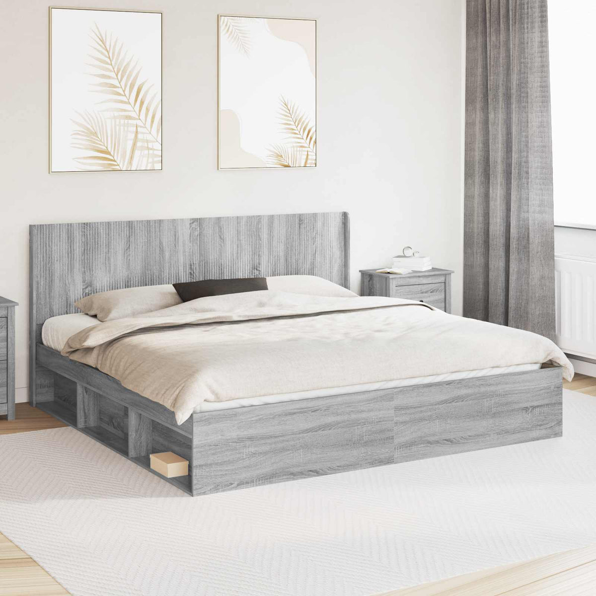 Bed Frame with Storage and Headboard Length 200 cm Grey Sonoma 180 cm