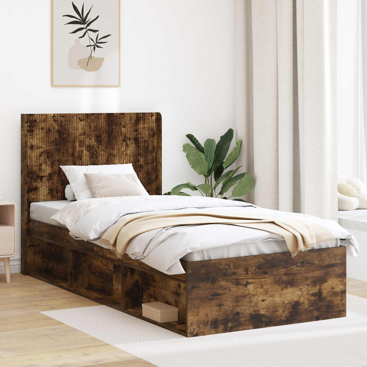 Bed Frame with Storage and Headboard 90 x 190 cm Smoked oak