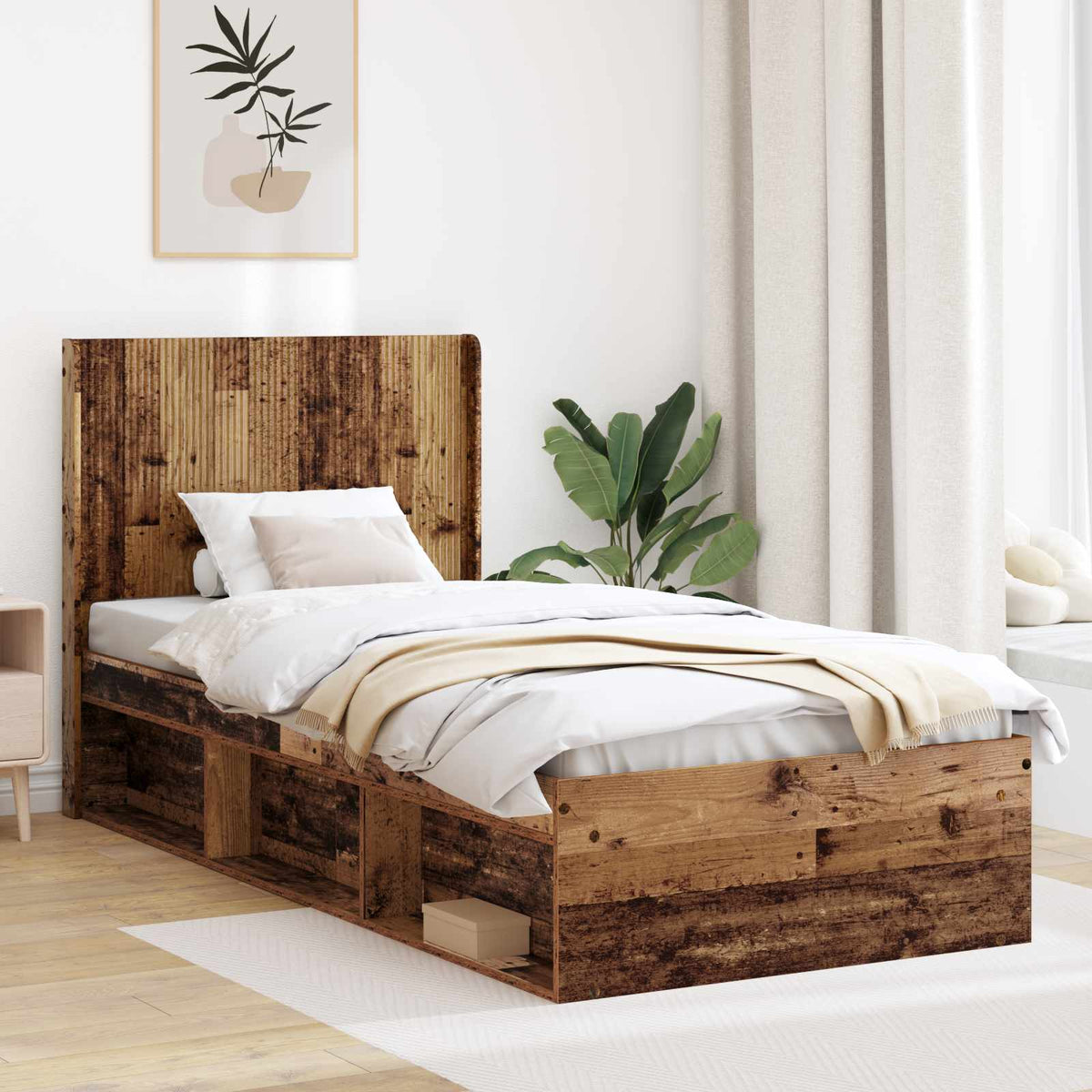 Bed Frame with Storage and Headboard 90 x 190 cm Old wood