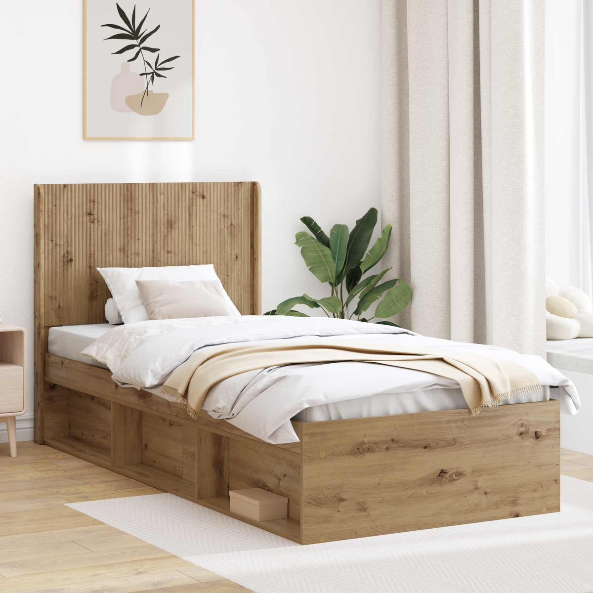 Bed Frame with Storage and Headboard 90 x 190 cm Artisan oak