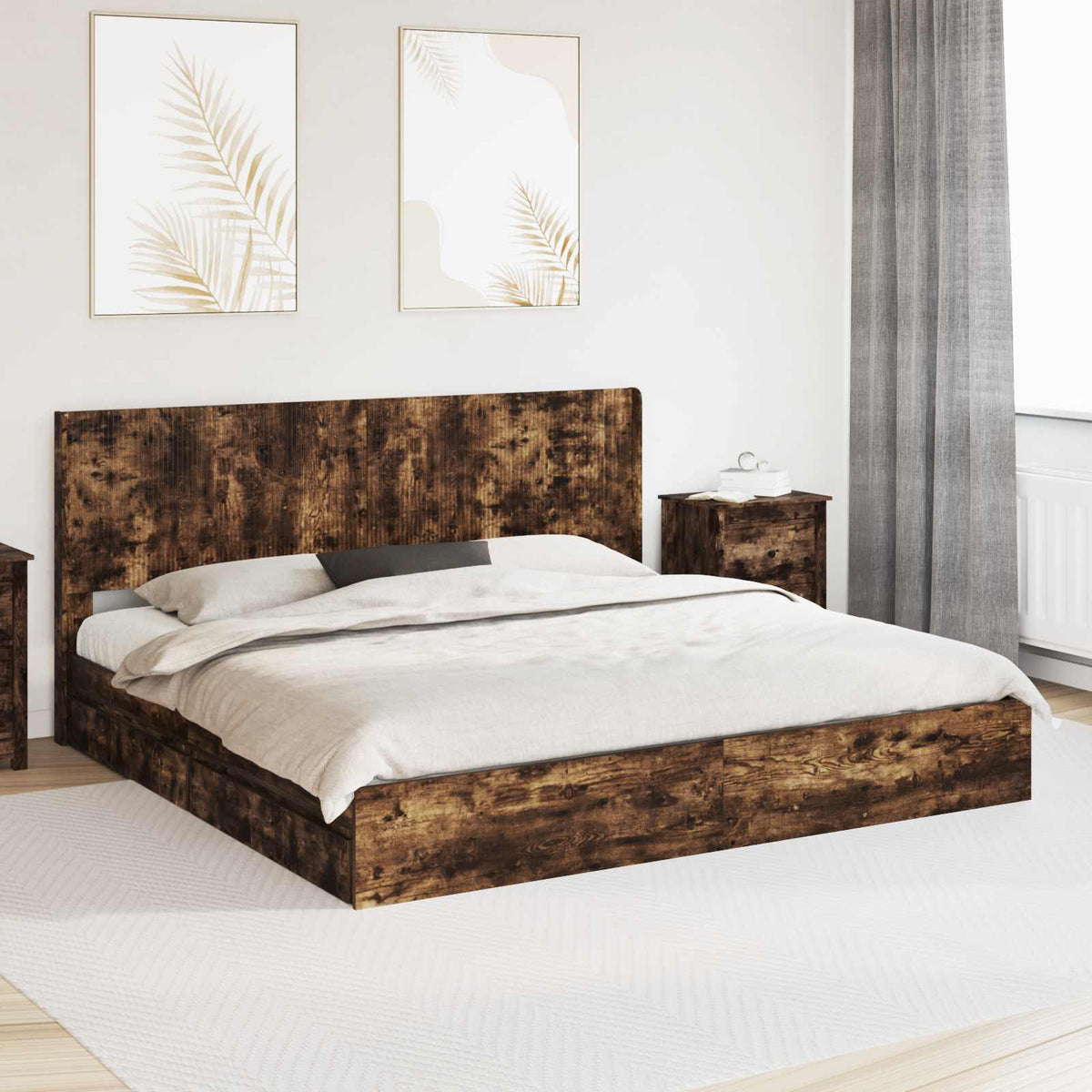 Bed Frame with Storage and Headboard Length 200 cm Smoked Oak 180 cm