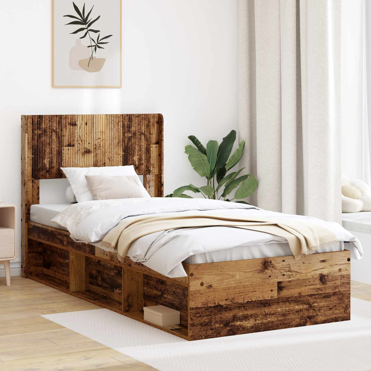 Bed Frame with Storage and Headboard 75 x 190 cm Old wood