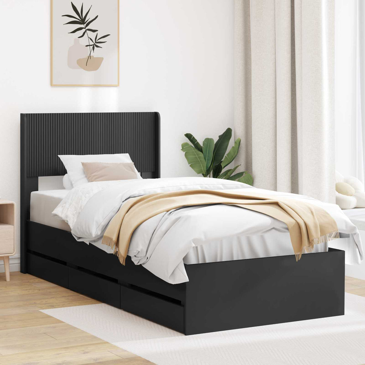 Bed Frame with Storage and Headboard Length 200 cm Black 90 cm