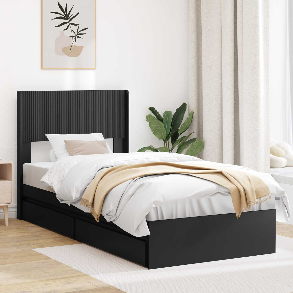 Bed Frame with Storage and Headboard Length 190 cm Black 90 cm