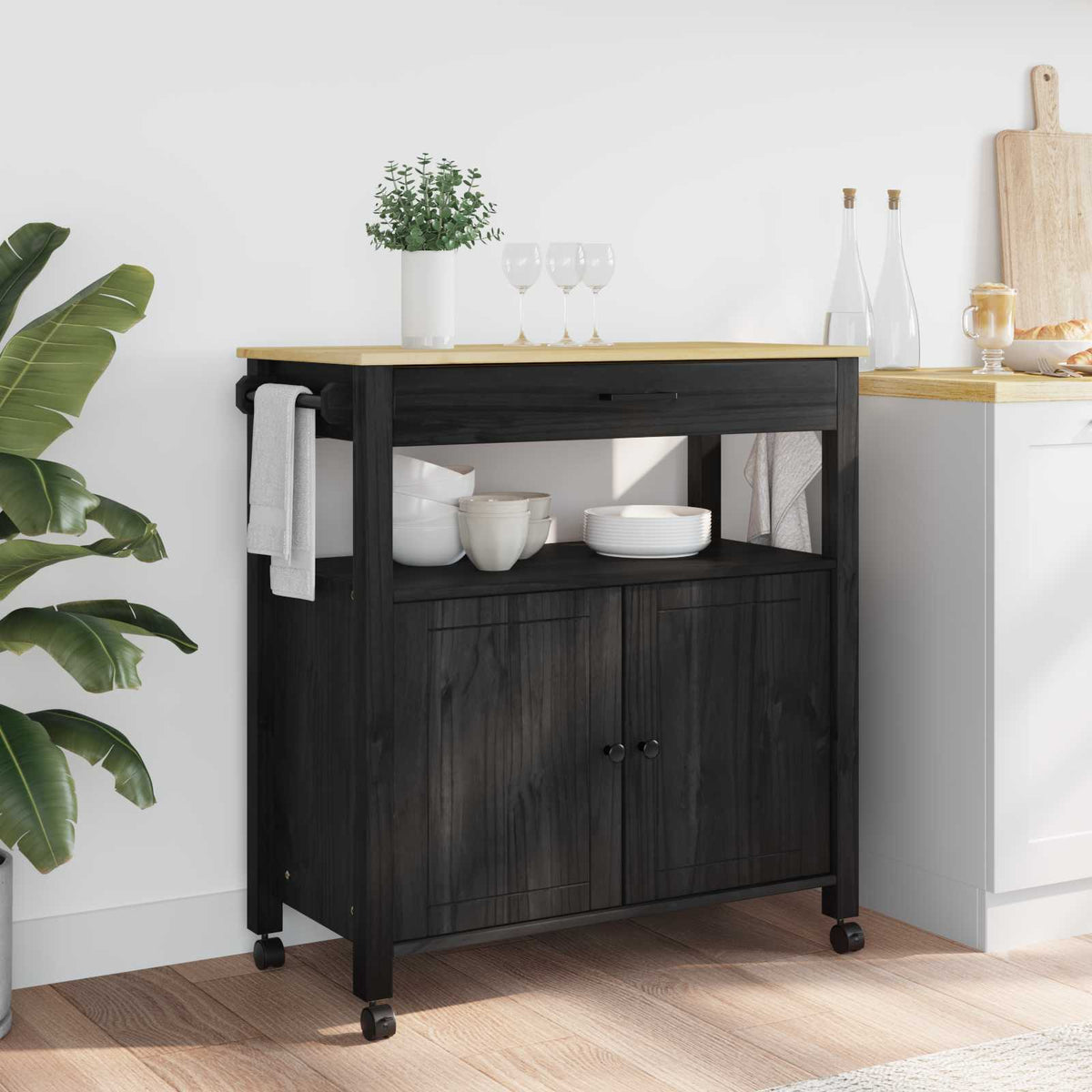 Kitchen Trolley "MONZA" 60x40x88,5 cm Solid Wood Pine Black 84 x 40 x 88.5 cm