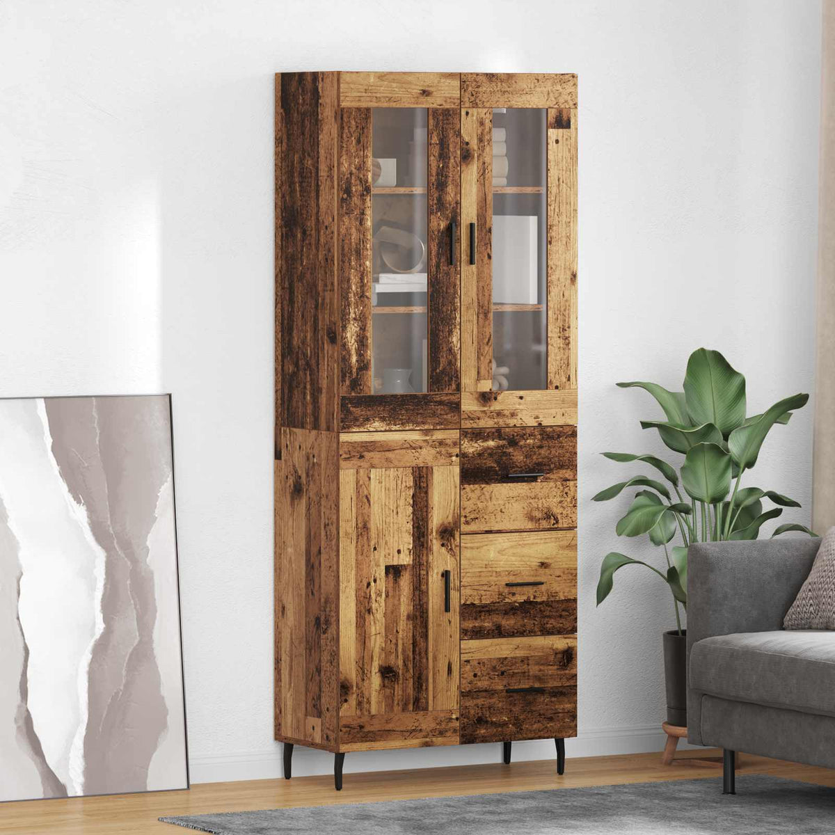 Highboard 69.5x34x180 cm Engineered Wood 1 Wood Door 3 Drawers Old wood