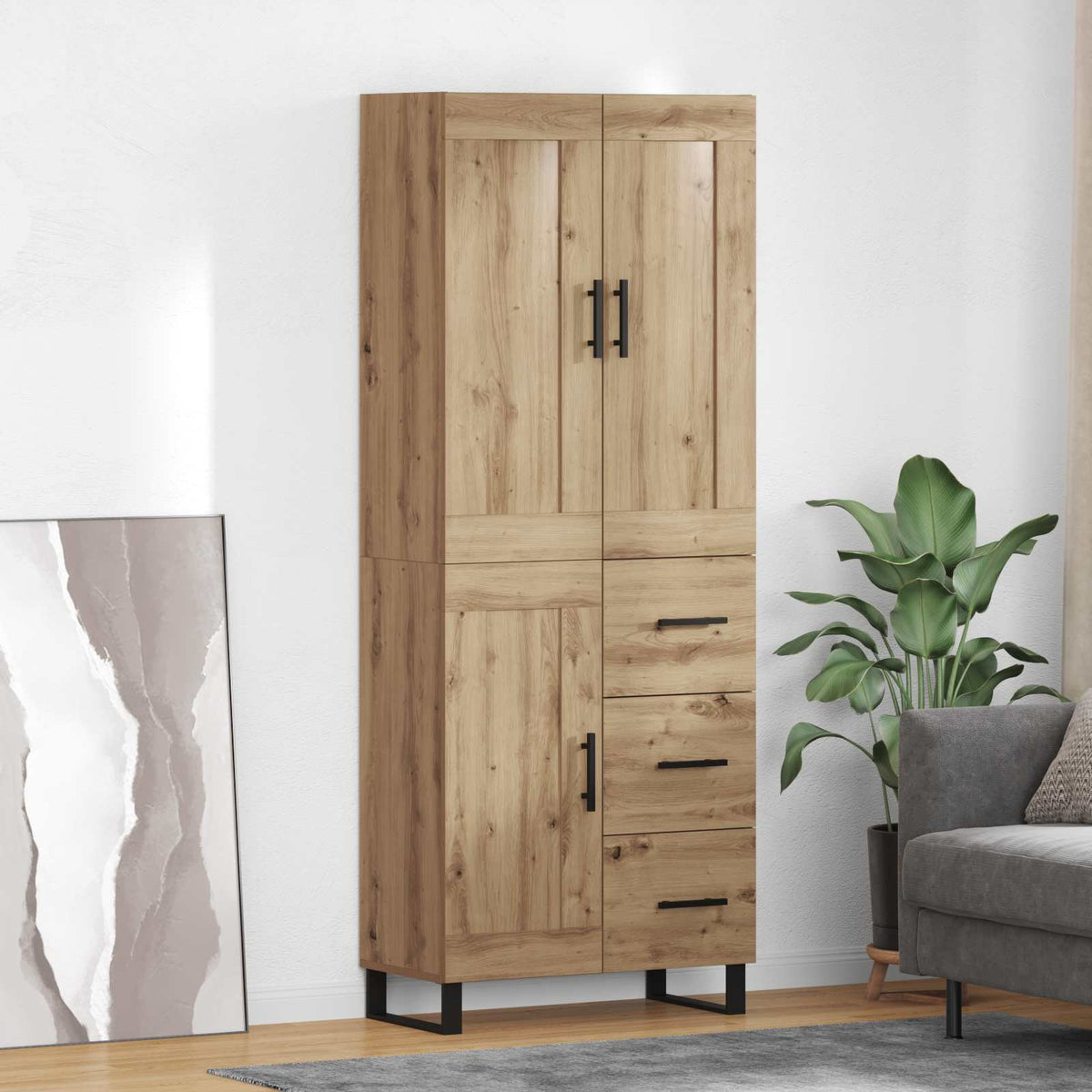 Highboard 69.5x34x180 cm Engineered Wood 1 Wood Door 3 Drawers Artisan oak