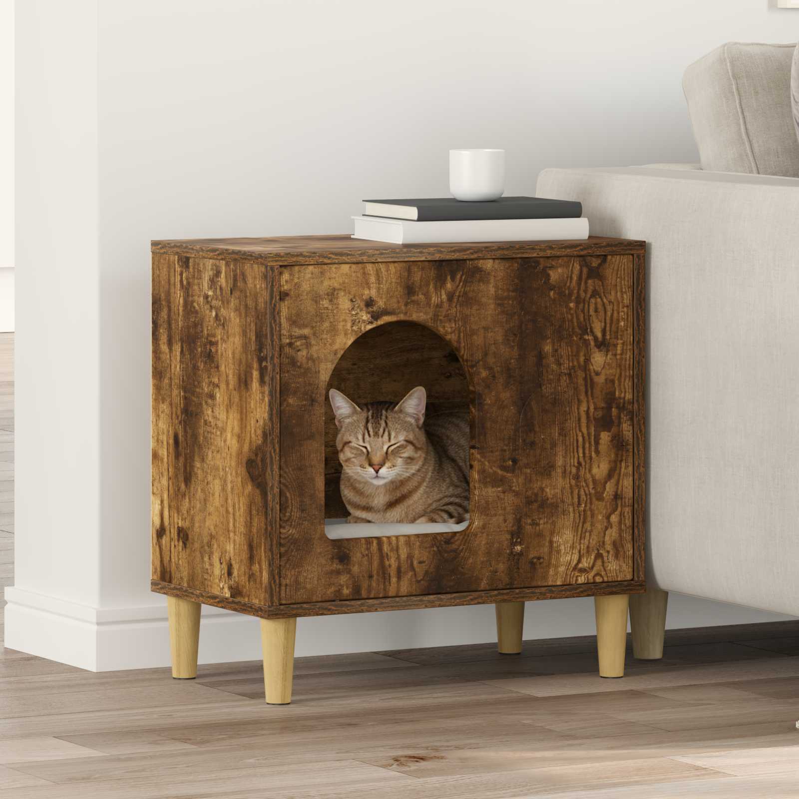 vidaXL Cat House Smoked Oak 51 x 30 x 52 cm Engineered Wood 1