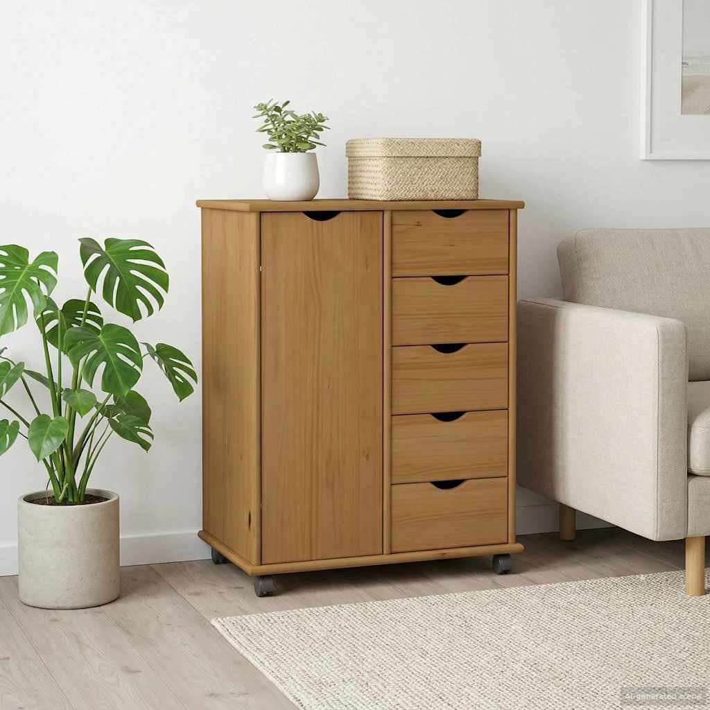 Rolling Cabinet 63.5 x 39 x 79 cm Solid Pine Wood Honey brown