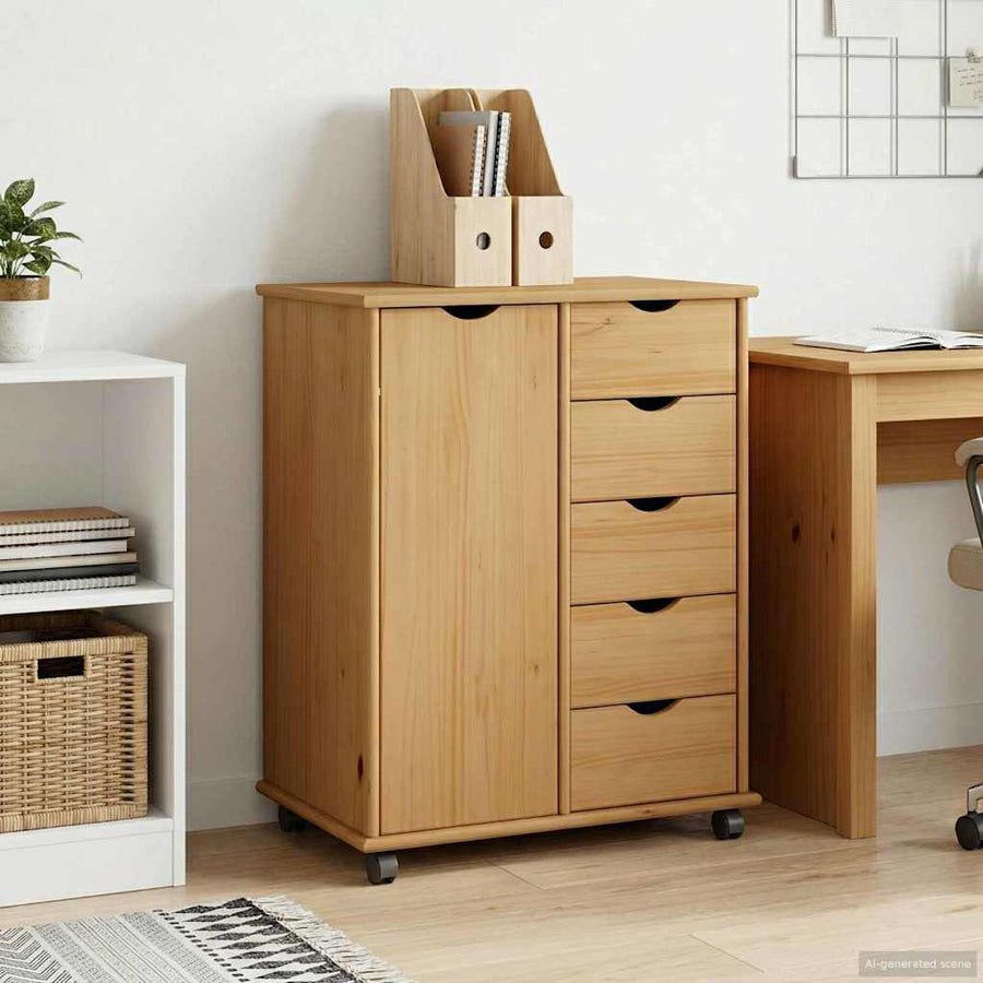 vidaXL Rolling Cabinet 63.5 x 39 x 79 cm Solid Pine Wood Honey Brown 1