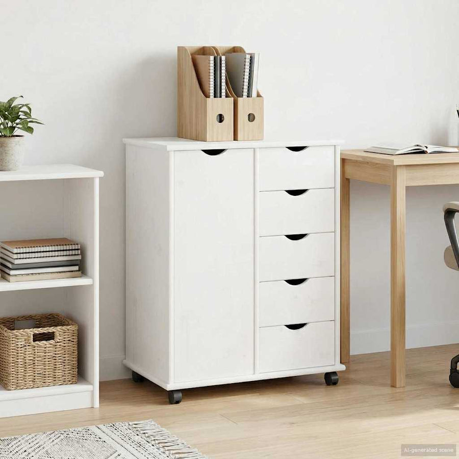vidaXL Rolling Cabinet 63.5 x 39 x 79 cm Solid Pine Wood White 1