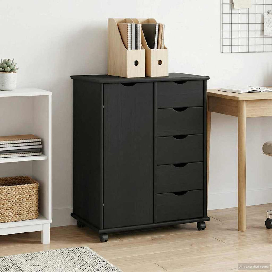 vidaXL Rolling Cabinet 63.5 x 39 x 79 cm Solid Pine Wood Black 1