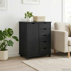 Rolling Cabinet Solid Pine Wood Black, image 3