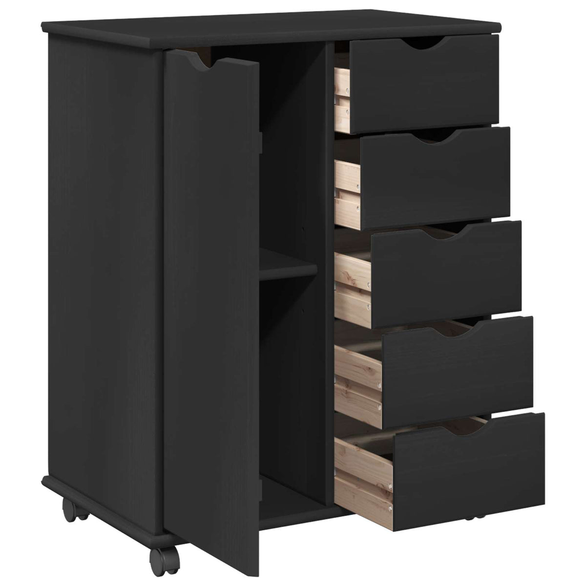 Rolling Cabinet Solid Pine Wood Black, image 4