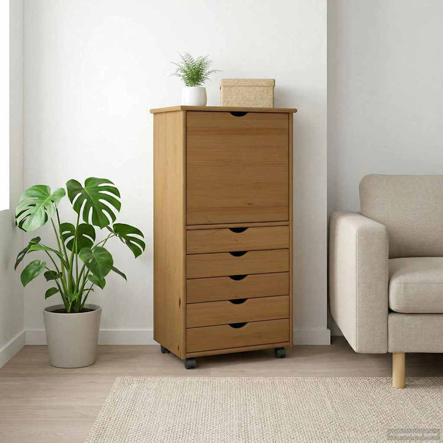 vidaXL Rolling Cabinet 53 x 39 x 103 cm Solid Pine Wood Honey Brown 1