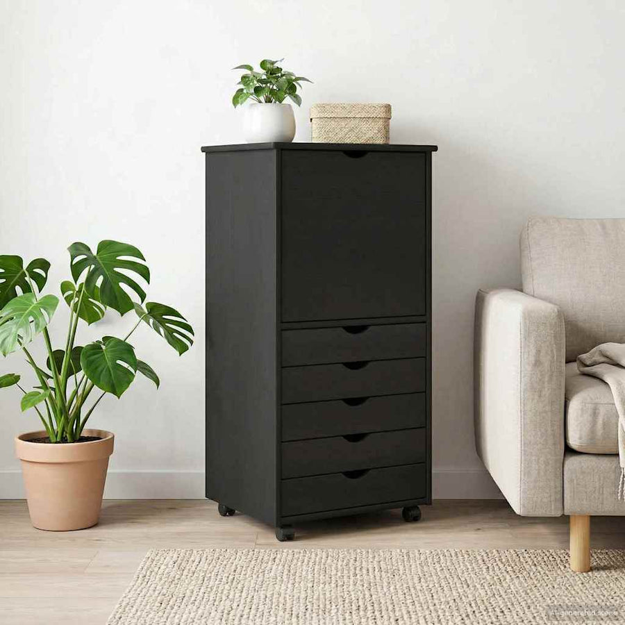 vidaXL Rolling Cabinet 53 x 39 x 103 cm Solid Pine Wood Black 1