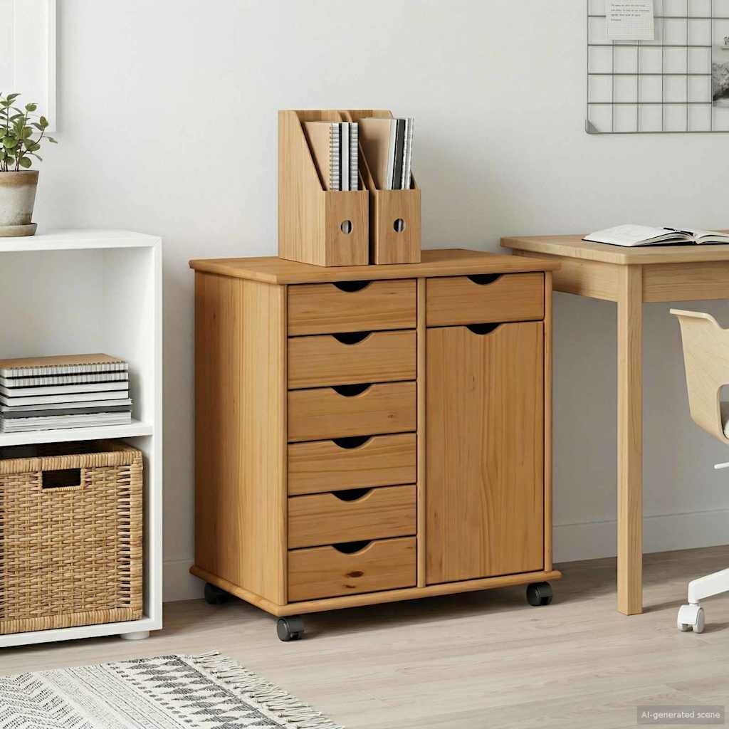 vidaXL Rolling Cabinet 63.5 x 39 x 65.5 cm Solid Pine Wood Honey Brown 1