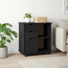 Rolling Cabinet 63.5 x 39 x 65.5 cm Solid Pine Wood Black