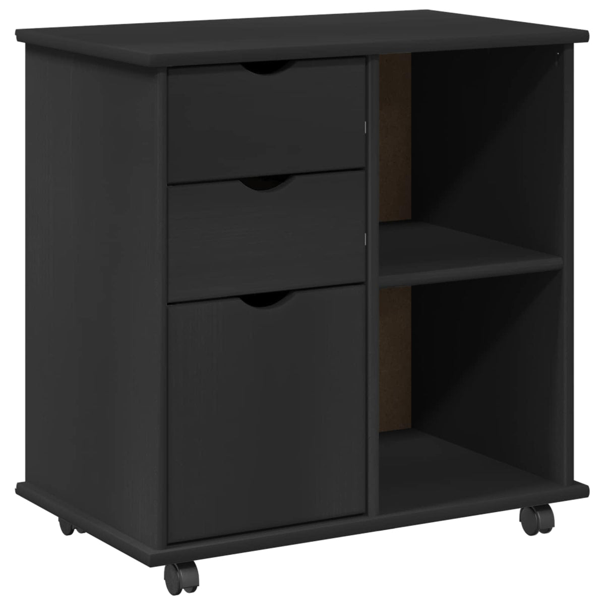 Rolling Cabinet 63.5 x 39 x 65.5 cm Solid Pine Wood Black