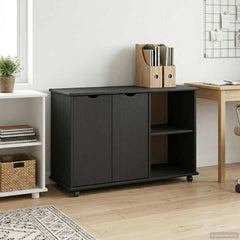 Rolling Cabinet Black Solid Pine Wood, image 3