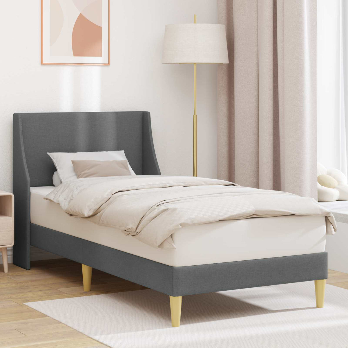 Bed Frame with Headboard 90 x 190 cm Fabric Dark grey Single
