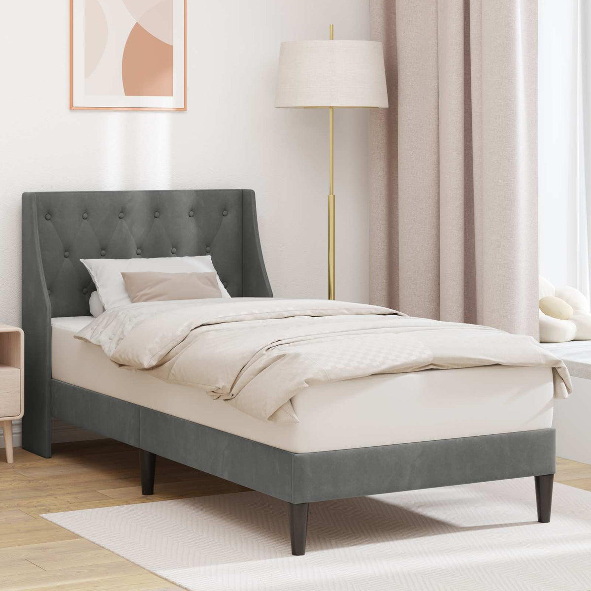 Bed Frame with Headboard 90 x 190 cm Velvet Dark grey Single