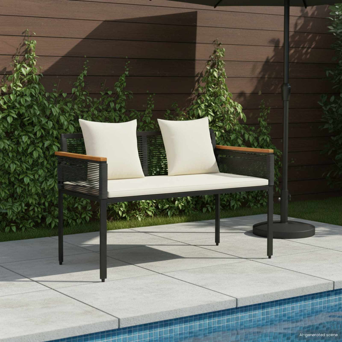 Outdoor Bench 2 -Seater 117 x 54 x 74.5 cm Poly Rattan Black and cream white