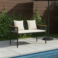 Outdoor Bench 2 -Seater 117 x 54 x 74.5 cm Poly Rattan Black and cream white
