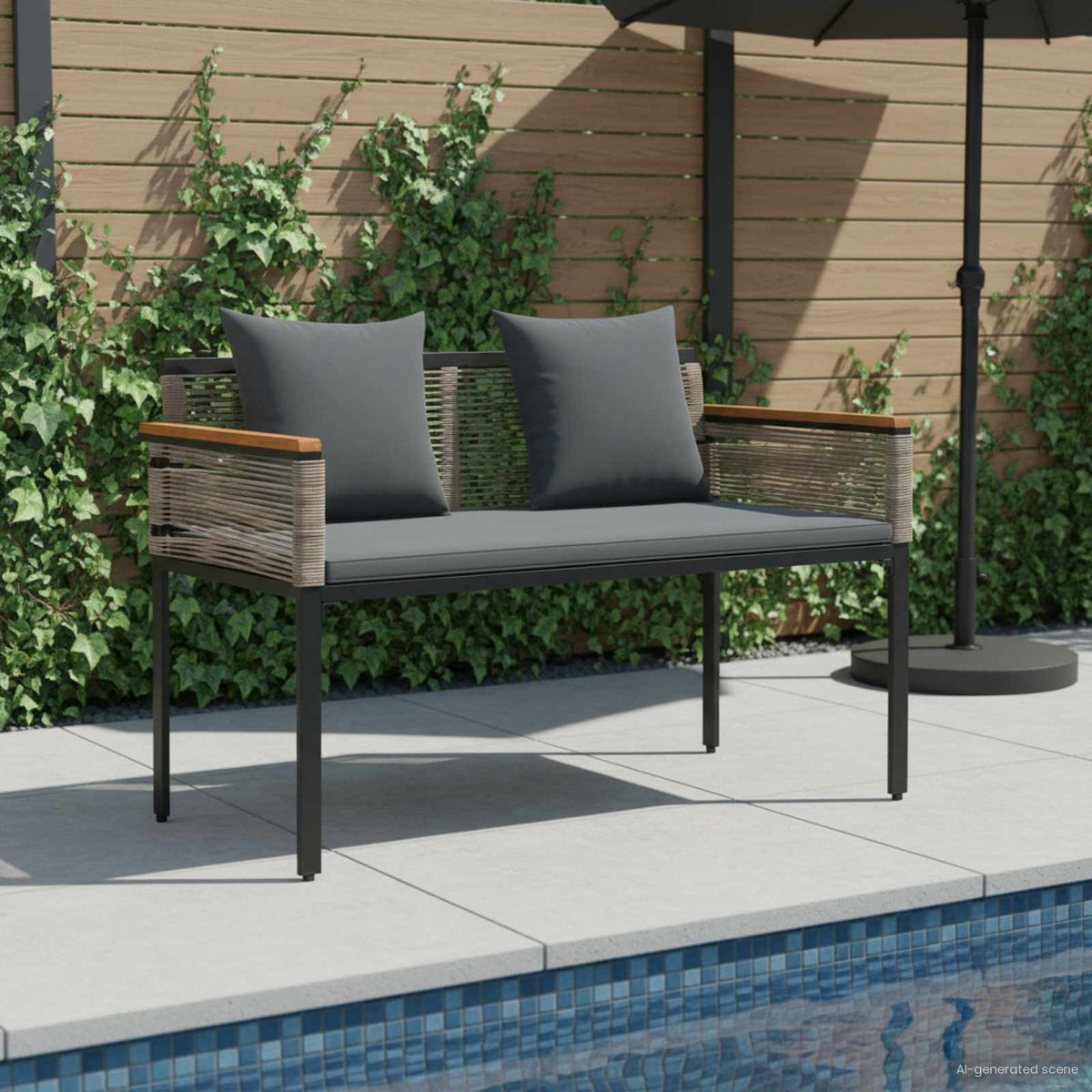 Outdoor Bench 2 -Seater 117 x 54 x 74.5 cm Poly Rattan Grey and dark grey
